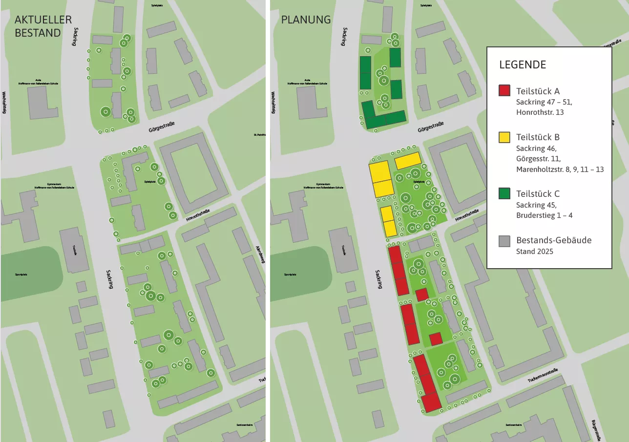 Nebeneinander liegende Karten: Der aktuelle (links) und der zukünftige (rechts) Grundriss des Viertels mit farbigen Gebäudeabschnitten und Grünflächen.