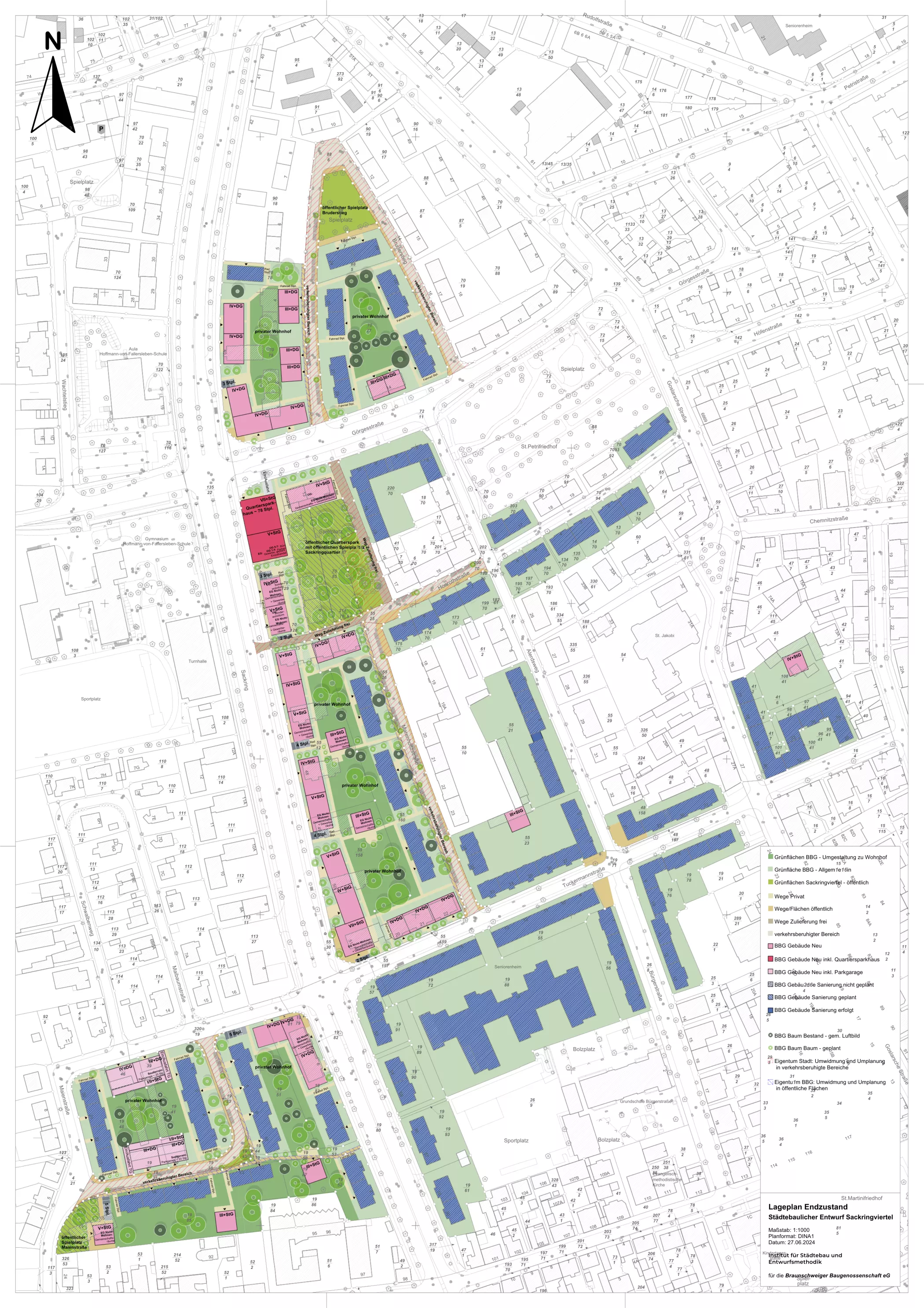 A detailed urban development plan with buildings, green spaces and streets color-coded with a key and a north arrow.
