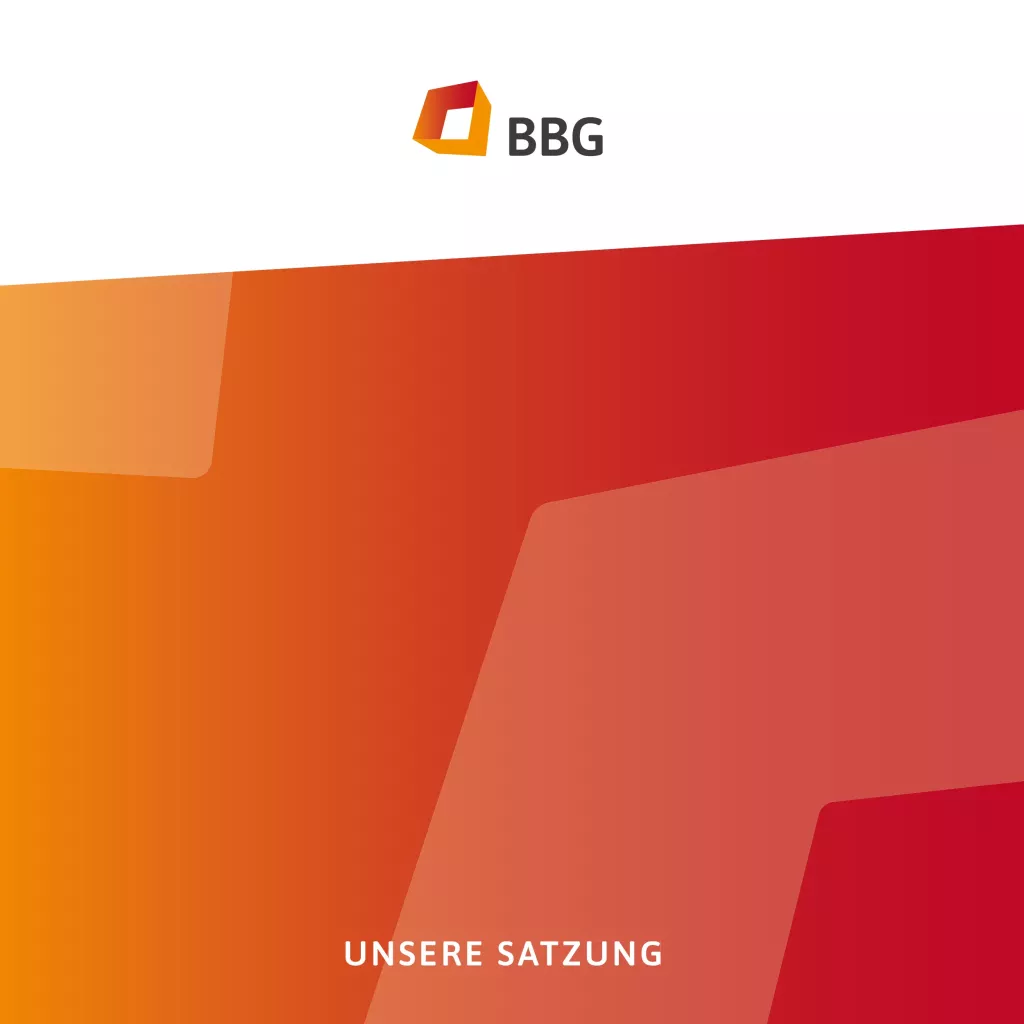 BBG-Logo auf einem rot-orangefarbenen Hintergrund mit dem Text UNSERE SATZUNG in der unteren Mitte.