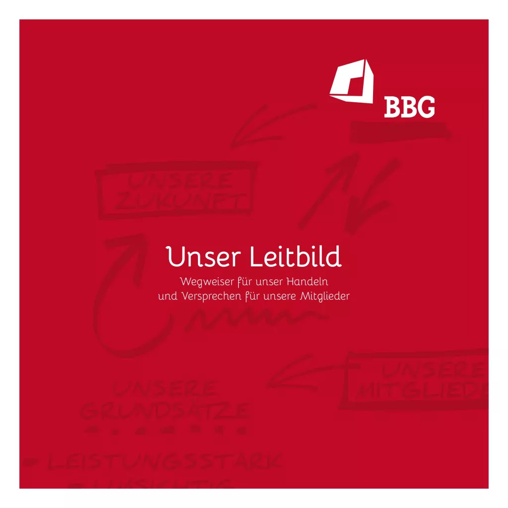 Roter Hintergrund mit weißem BBG-Logo, deutschem Text Unser Leitbild, Stockgrafiken und handgeschriebenen Worten.