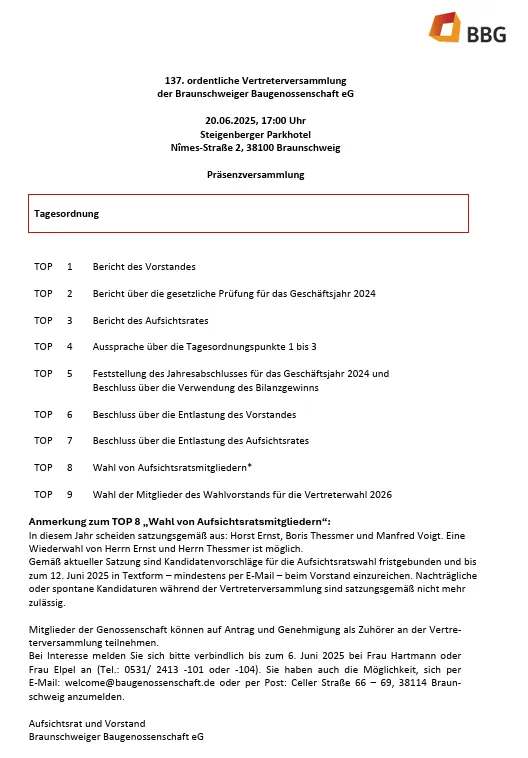 Die Tagesordnung für die BBG-Sitzung am 20. Juni 2025 umfasst 12 Themen, darunter Berichte und Vorstandswahlen, in deutscher Sprache.