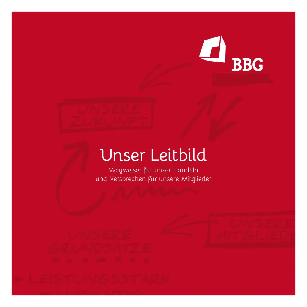 Roter Hintergrund mit weißem BBG-Logo, deutschem Text Unser Leitbild, Stockgrafiken und handgeschriebenen Worten.