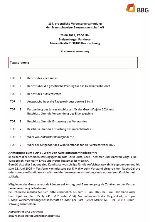 Die Tagesordnung für die BBG-Sitzung am 20. Juni 2025 umfasst 12 Themen, darunter Berichte und Vorstandswahlen, in deutscher Sprache.
