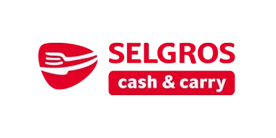 Das Selgros Cash & Carry-Logo mit einem roten Symbol in Form eines stilisierten Einkaufswagens auf der linken Seite und rotem Text auf der rechten Seite.
