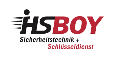 HS BOY Sicherheitstechnik + Schlüsseldienst Logo mit schwarzem und dunkelrotem Text und dynamischen Bewegungslinien.