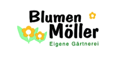 Logo mit dem Text Blumen Möller Eigene Gärtnerei und gelben Blumen mit grünen Blättern.