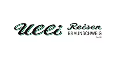 Logo mit Text Ulli Reisen Braunschweig GmbH in stilisierter schwarzer Schrift und mintgrüner Schrift auf weißem Hintergrund.