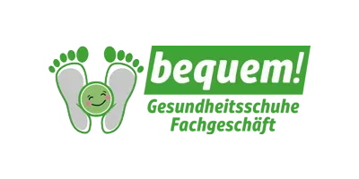 Lächelnde Cartoon-Füße neben dem Wort bequem! in weißer Schrift auf grünem Hintergrund.