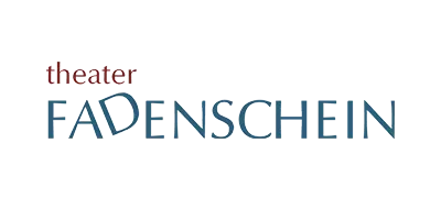 Logo mit dem Wort Theater in roten Kleinbuchstaben und dem Wort FADENSPIEL in blauen Großbuchstaben mit fadenförmigen Details.