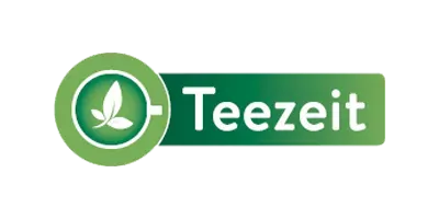 Grünes Logo mit einer Teetasse mit zwei Blättern neben dem Wort Teezeit in weißer Schrift auf grünem Hintergrund.