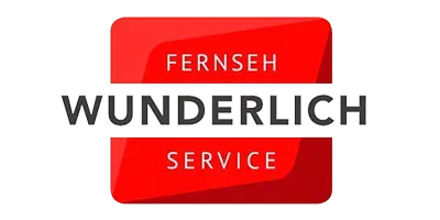 Rotes Logo mit den Worten FERNSEH über WUNDERLICH und SERVICE darunter in schwarzer und weißer Schrift.