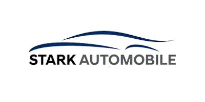 Stark Automotive Logo mit stilisierten blauen Fahrzeugumrissen über dem Firmennamen in schwarzer und dunkelgrauer Schrift.