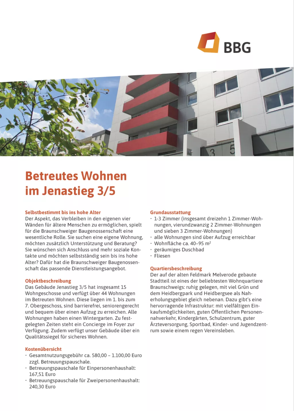 Jenastieg 3/5 destekli yaşam merkezi için hazırlanan broşürde yaşlılar için yaşam, hizmetler ve BBG iletişim bilgileri yer almaktadır.