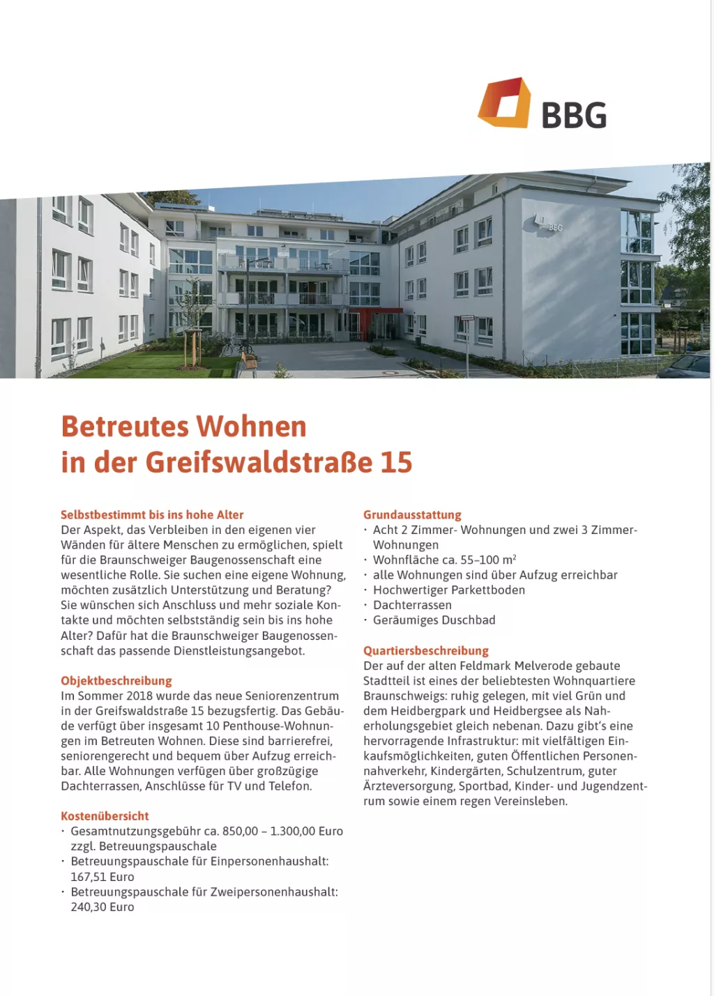 BBG tarafından hazırlanan Greifswaldstraße 15 adresindeki destekli yaşamı tanıtan modern bir binanın metin ve fotoğrafını içeren broşür, renkli kutular içinde arka plan bilgileri.