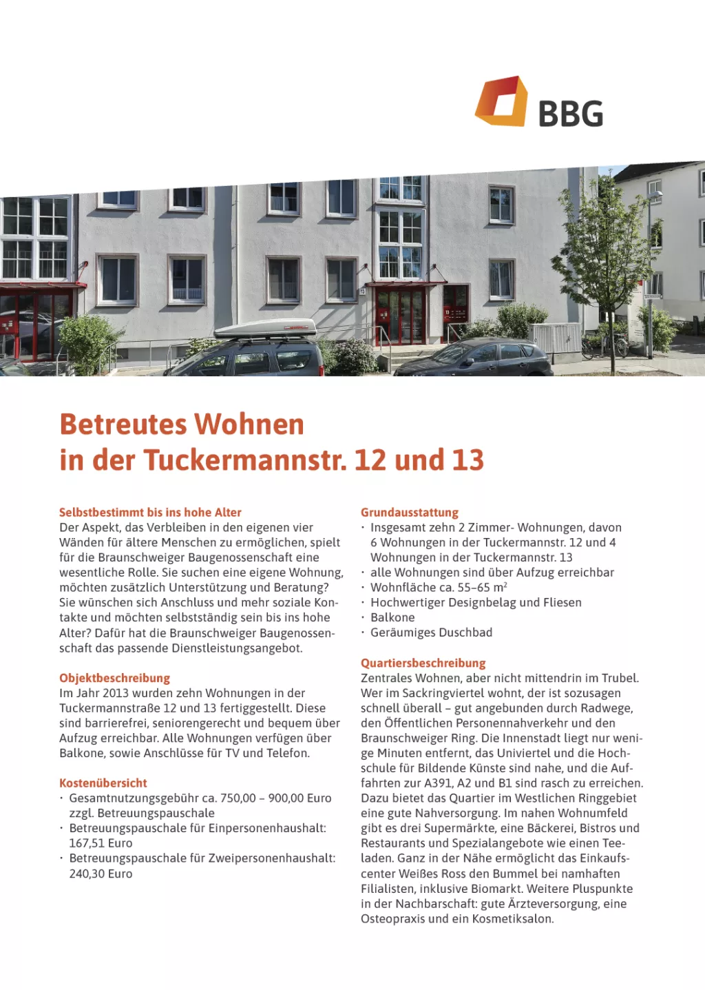 Tuckermannstr. 12 ve 13 adreslerinde yardım için Almanca broşür, ayrıntılı metin ve sağ üstte BBG logosu.