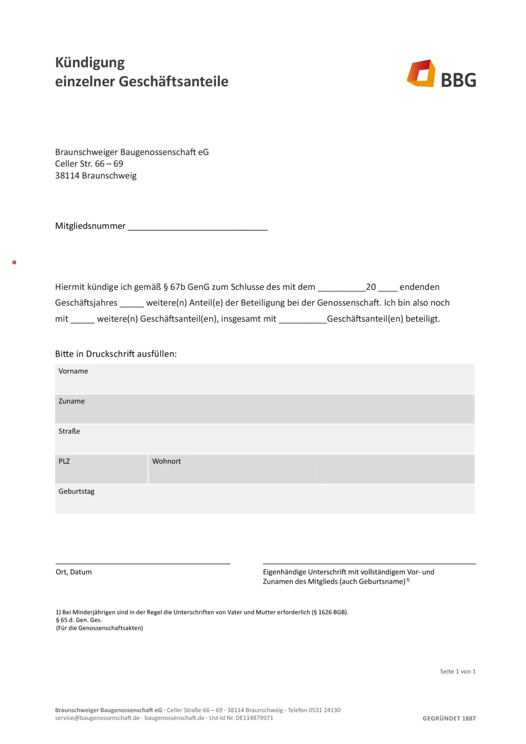 BBG's Formular Kündigung einzelner Geschäftsanteile mit Feldern für persönliche Angaben und Unterschrift, in deutscher Sprache.