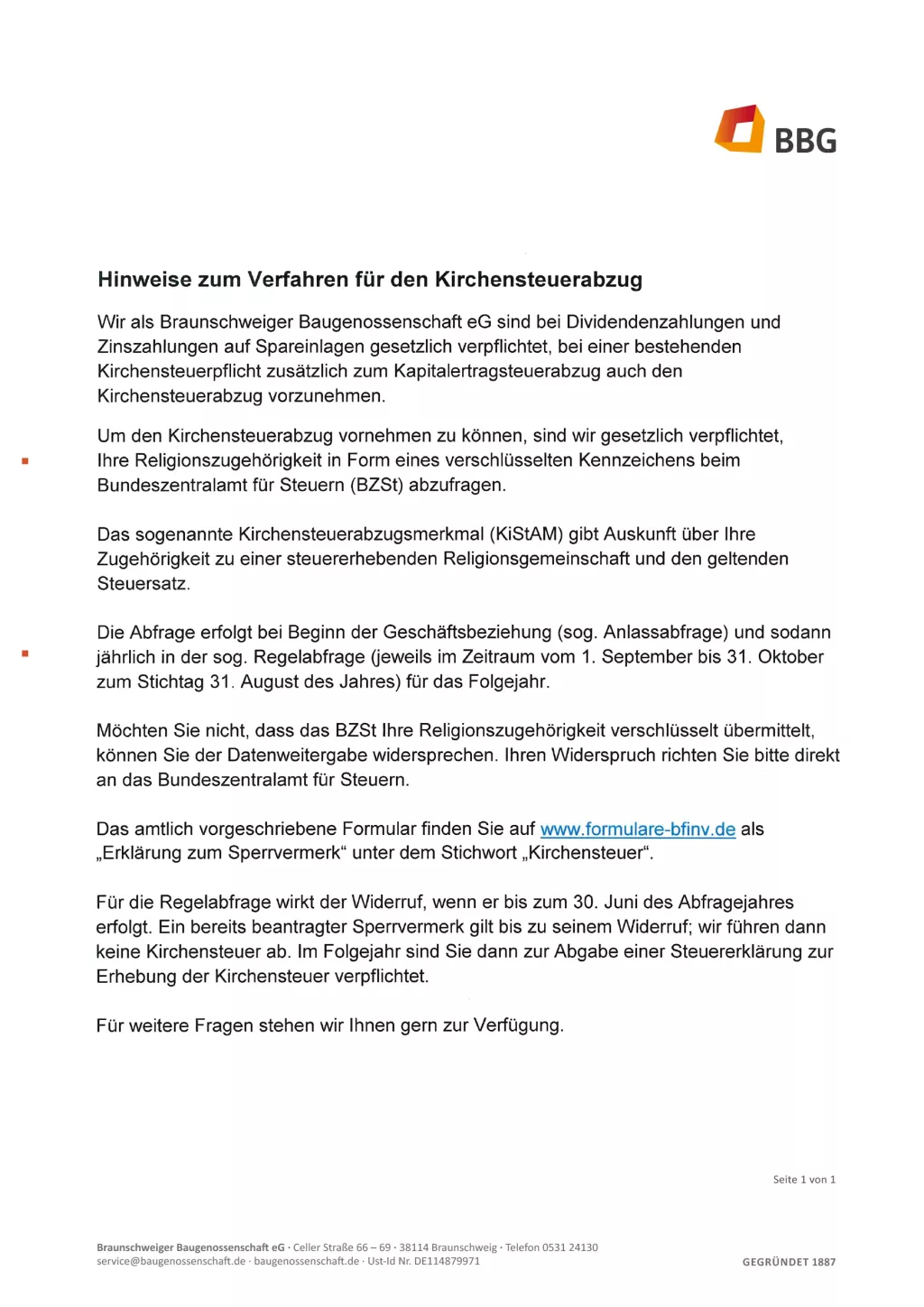 Ein deutsches Dokument der BBG, in dem die Steuerabzugsverfahren der Kirche erläutert werden, einschließlich rechtlicher Verpflichtungen und relevanter Kontaktinformationen.