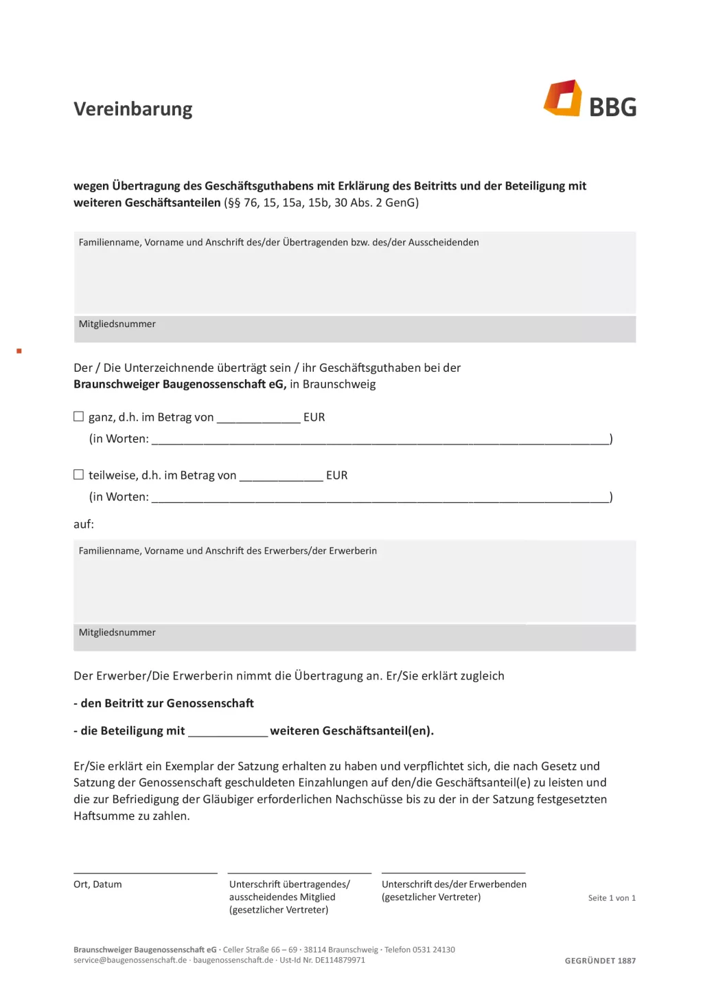 Deutsches Mitgliedsvertragsformular für die BBG mit Leerfeldern für Namen, Beträge und Unterschriften, sauber formatiert.