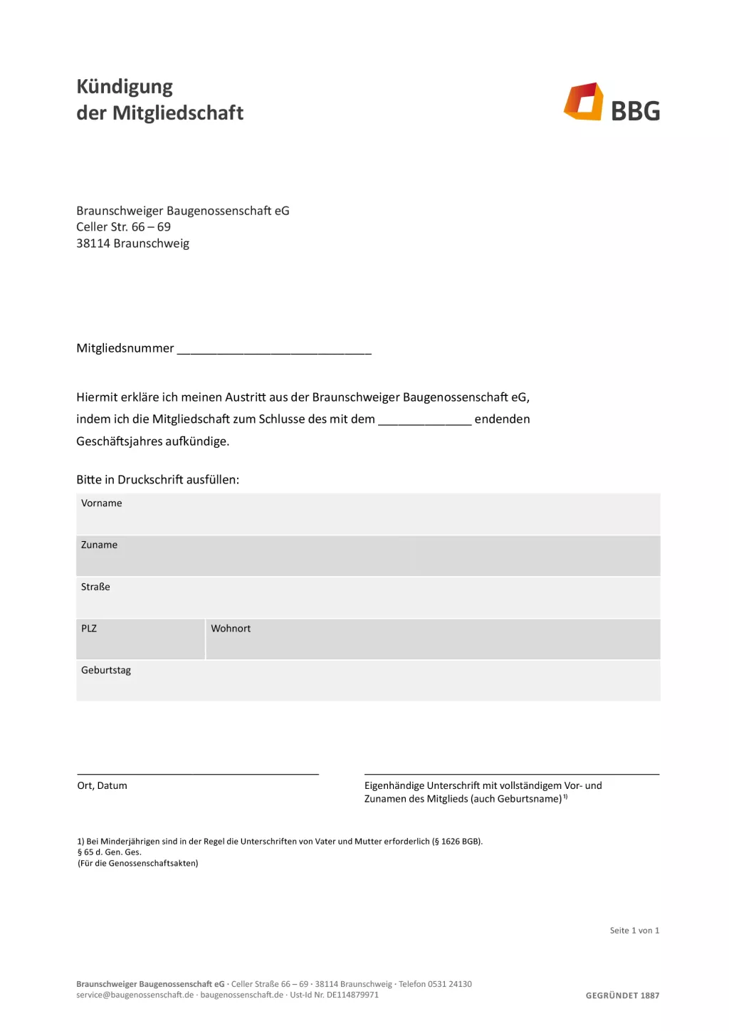 Deutsches BBG-Kündigungsformular, mit Abschnitten für persönliche Angaben und Unterschriftenfelder.