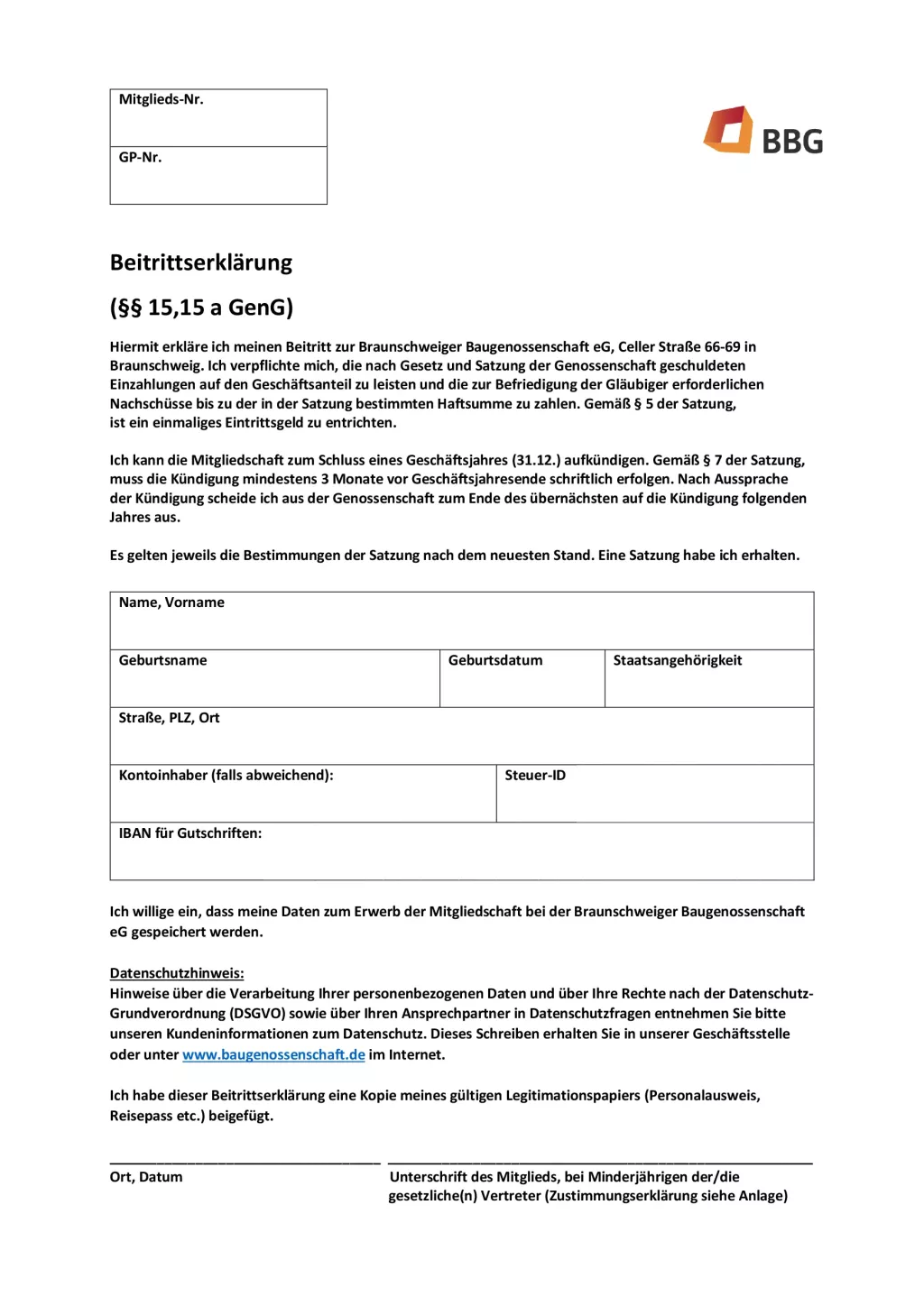 Ein deutsches BBG-Mitgliedschaftsformular, mit Feldern für persönliche und Bankdaten und einem Abschnitt für Unterschrift und Datum.