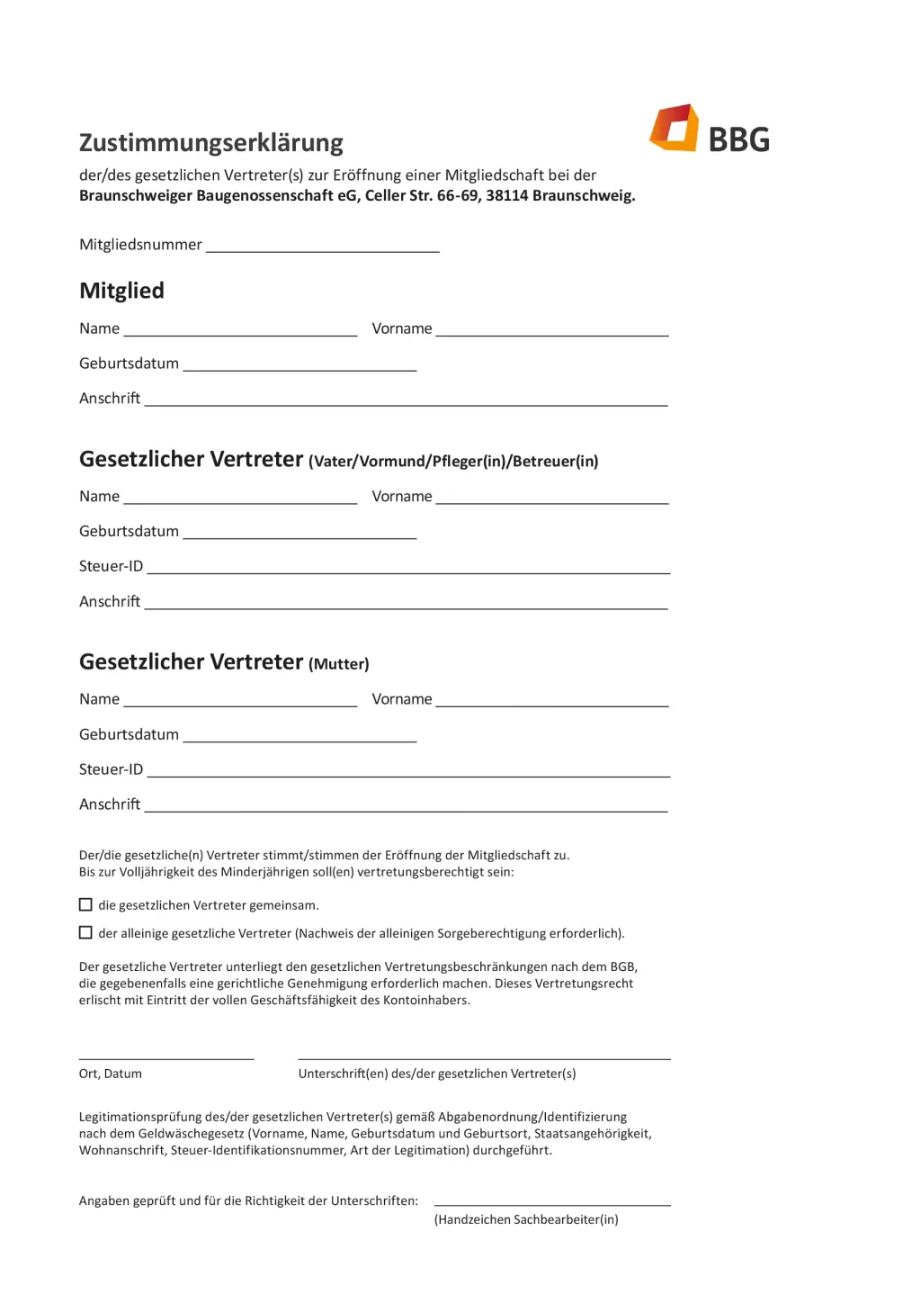 Ein Formular mit dem Titel Zustimmungserklärung mit Feldern für Angaben zum Mitglied und zum gesetzlichen Vertreter, unter dem BBG-Logo, in deutscher Sprache.