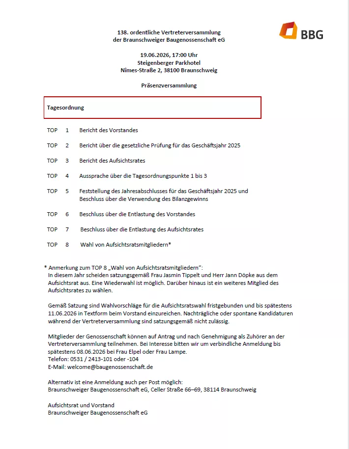 Tagesordnung der 138. BBG-Vertreterversammlung am 19. Juni 2026 in Braunschweig mit den zu behandelnden Themen.