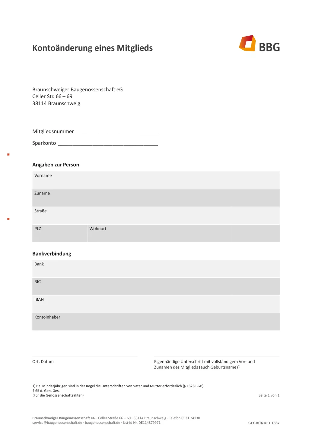 Deutsches Formular mit dem Titel Kontoänderung eines Mitglieds zur Aktualisierung der Bankverbindung des Mitglieds mit leeren Feldern zum Ausfüllen.