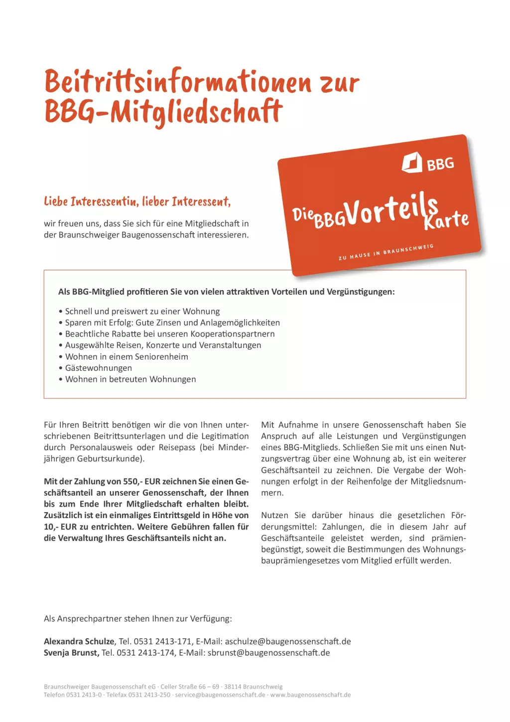 Ein Flyer in deutscher Sprache mit Informationen zu den Vorteilen einer BBG-Mitgliedschaft, Kontaktinformationen und einem Bild einer roten Mitgliedskarte.