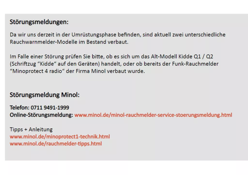 Informationen zur Meldung von Problemen mit Minol-Rauchmeldern, einschließlich Kontaktdaten und relevanter Website-Links.