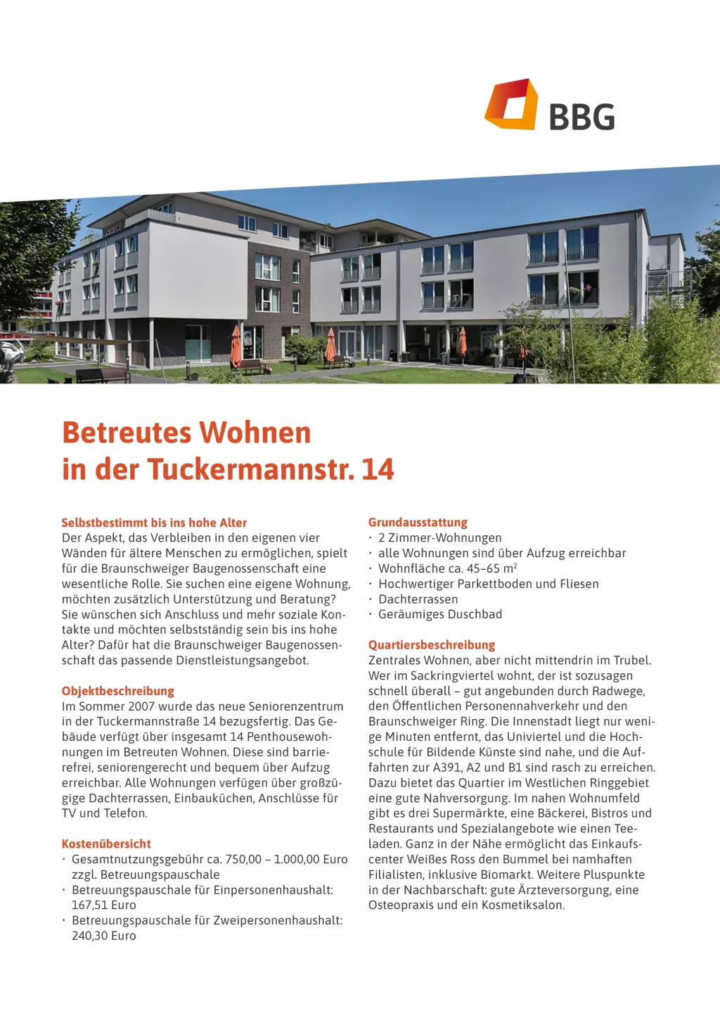 Flyer für Betreutes Wohnen in der Tuckermannstr. 14 mit Details zu Ausstattung, Kosten und Dienstleistungen für Senioren, einschließlich eines Fotos des Gebäudes.