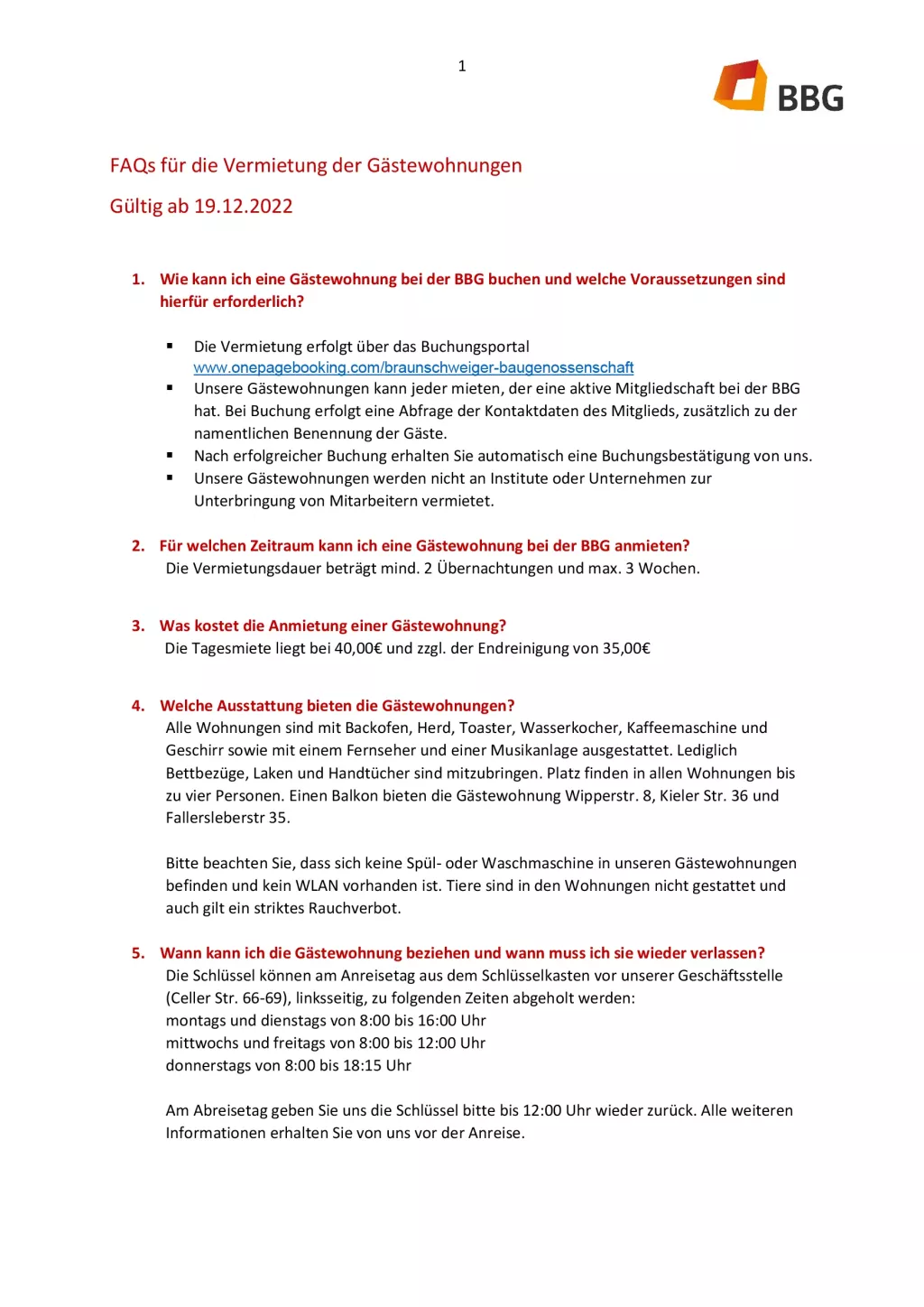Ein deutsches Dokument der BBG, das häufig gestellte Fragen zur Vermietung von Gästewohnungen auflistet, einschließlich Buchung, Kosten, Ausstattung und Stornierungsbedingungen.