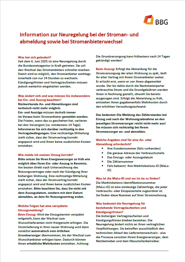 Deutsches Informationsblatt zu den neuen Stromversorgungs- und Kündigungsregeln, mit schwarz-rotem Text und dem BBG-Logo oben rechts.
