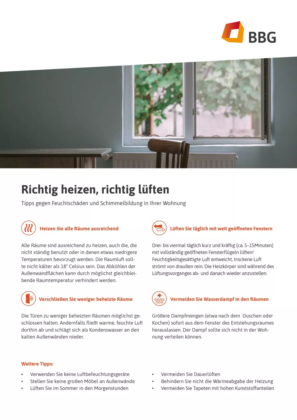 Deutsches Informationsblatt der BBG mit Tipps zum richtigen Heizen und Lüften, um Feuchtigkeit und Schimmel in der Wohnung zu vermeiden. Mit Symbolen und Tipps.