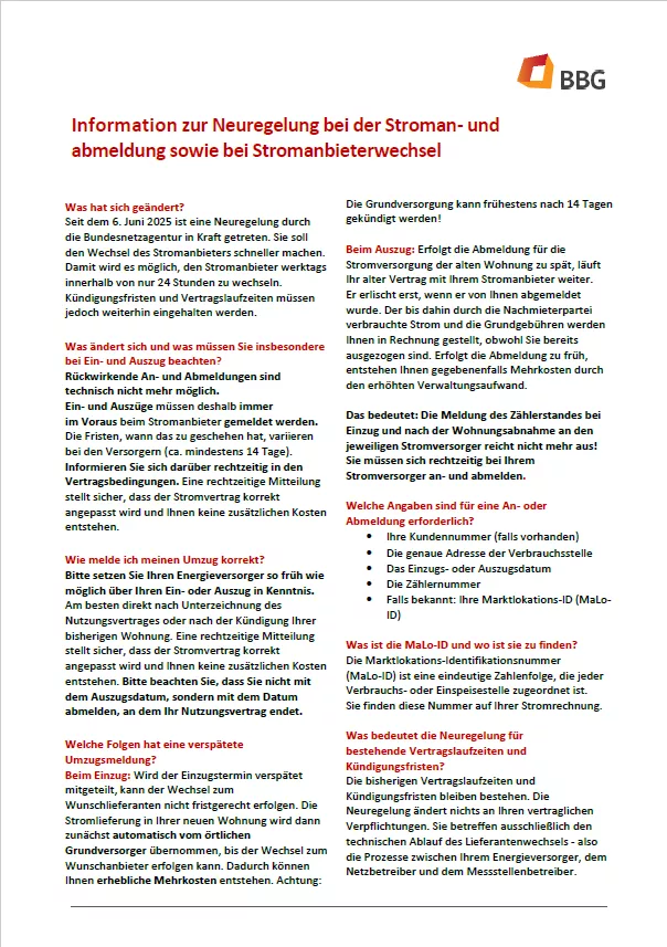 Deutsches Informationsblatt zu den neuen Stromversorgungs- und Kündigungsregeln, mit schwarz-rotem Text und dem BBG-Logo oben rechts.