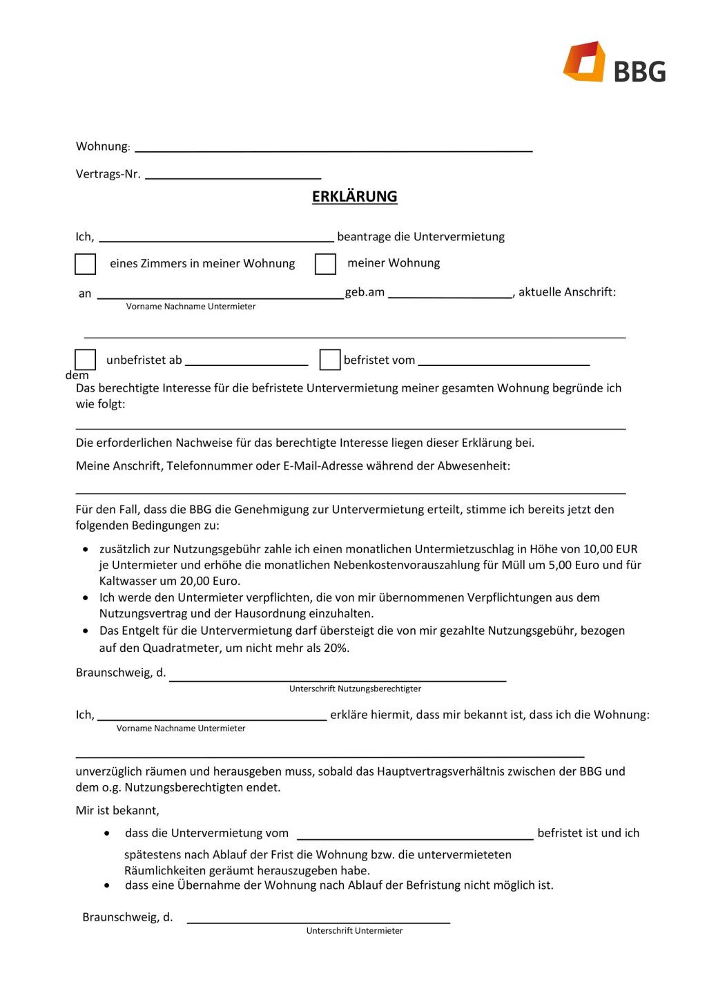 Formular zur Untervermietung: Verschiedene Textfelder und Checkboxen zum Beantragen der Untervermietung einer Wohnung, BBG-Logo auf der Rückseite.