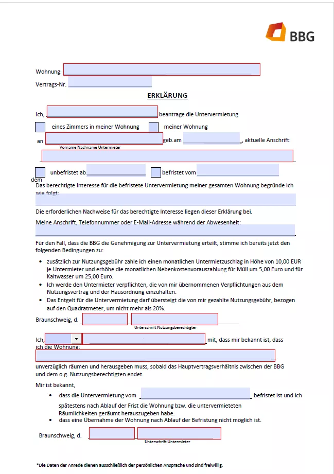 Deutsches Formular zur Untervermietungserklärung mit überarbeiteten persönlichen Angaben und schattierten Formularfeldern zum Ausfüllen.