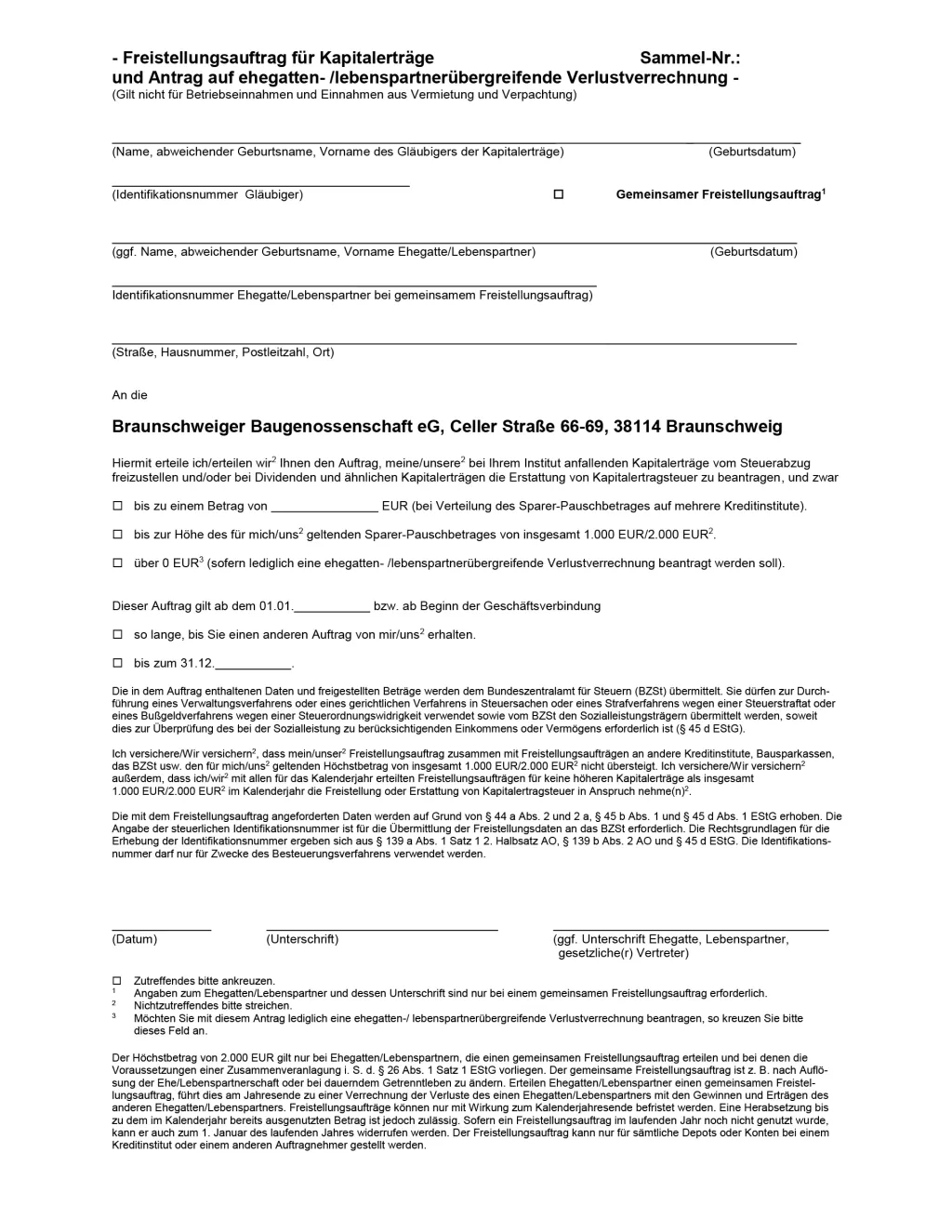 Kişisel ve finansal veriler için alanlar içeren yatırım geliri için Alman muafiyet emri.