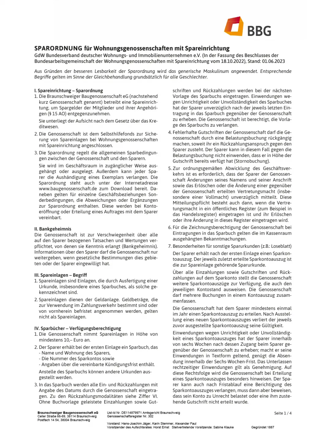 SPARORDNUNG für Wohnungsgenossenschaften mit Spareinrichtung başlıklı, ayrıntılı metin ve sağ üstte BBG logosu bulunan Almanca belge.
