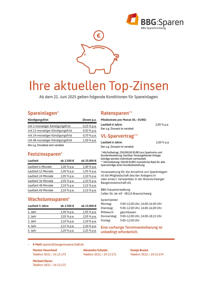 Ein Flugblatt mit einer Abbildung des Sparschweins einer Bank, auf dem die aktuell höchsten Zinssätze und die Kontaktdaten angegeben sind.