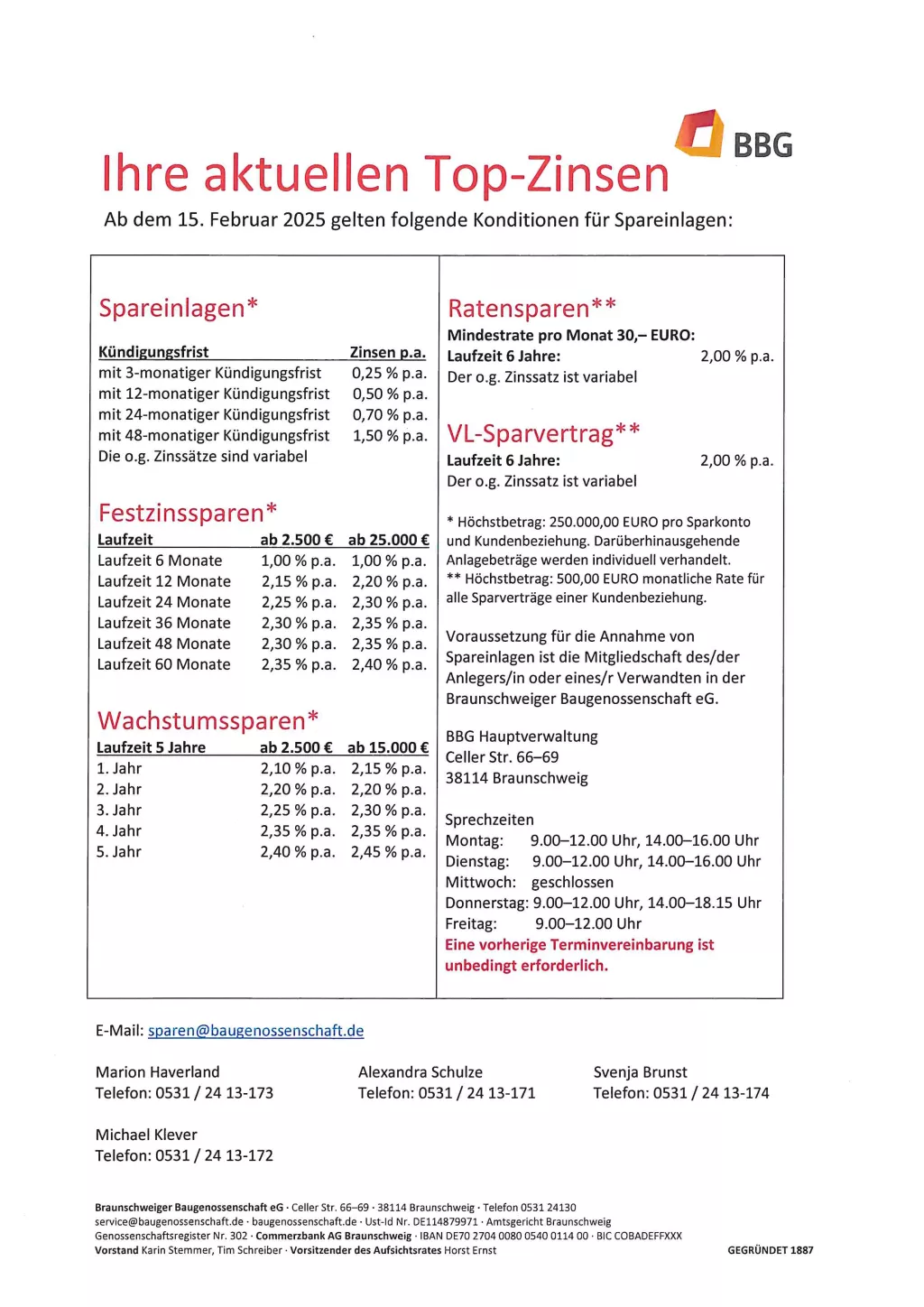 Çeşitli BBK tasarruf ürünleri için faiz oranları, şartlar, yüzdeler ve iletişim bilgileriyle birlikte Almanca olarak bir tabloda gösterilmektedir.