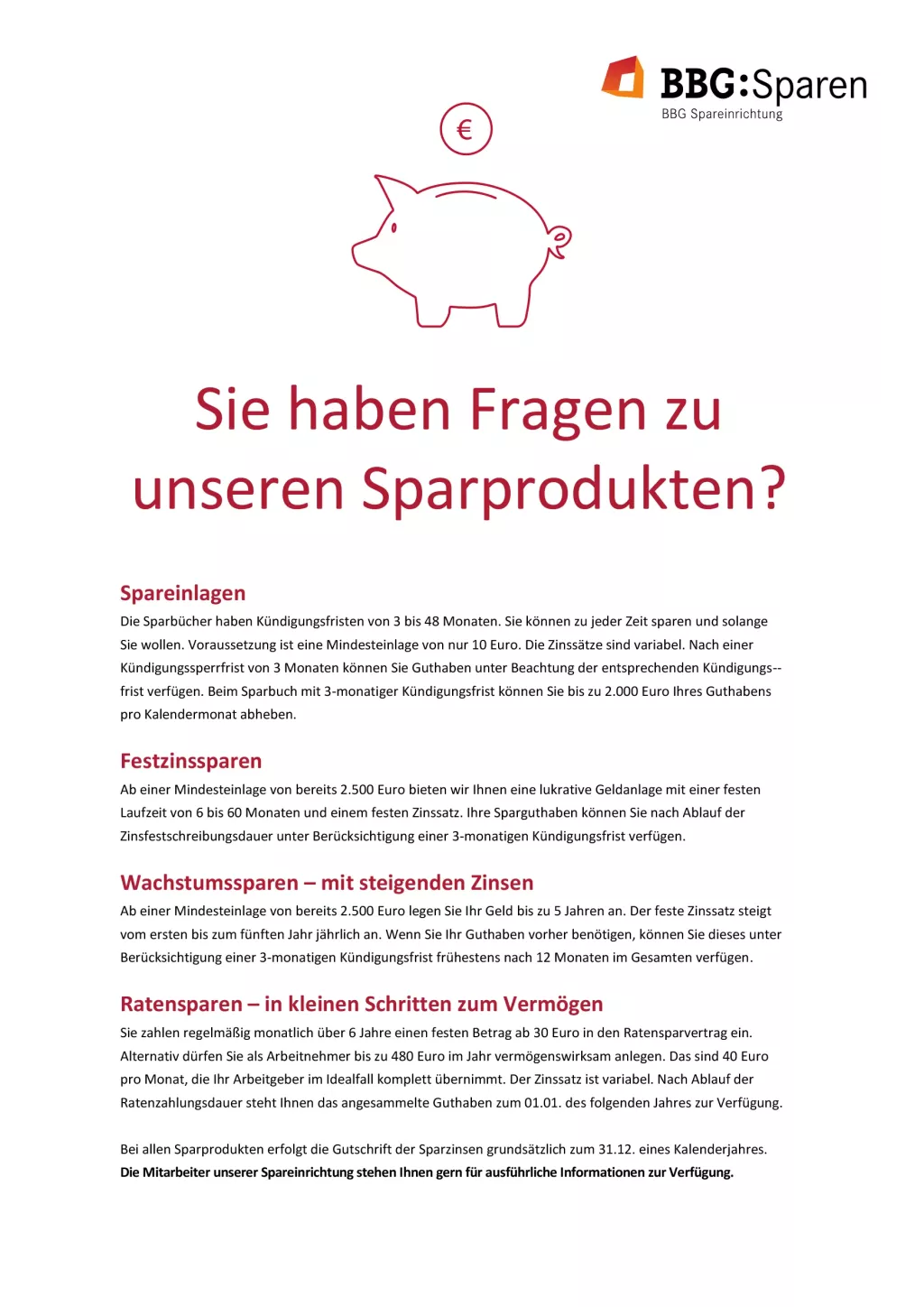Kumbara sembolü, euro sembolü, çeşitli BBG tasarruf ürünleri hakkında Almanca bir metin ve iletişim bilgileri içeren broşür.
