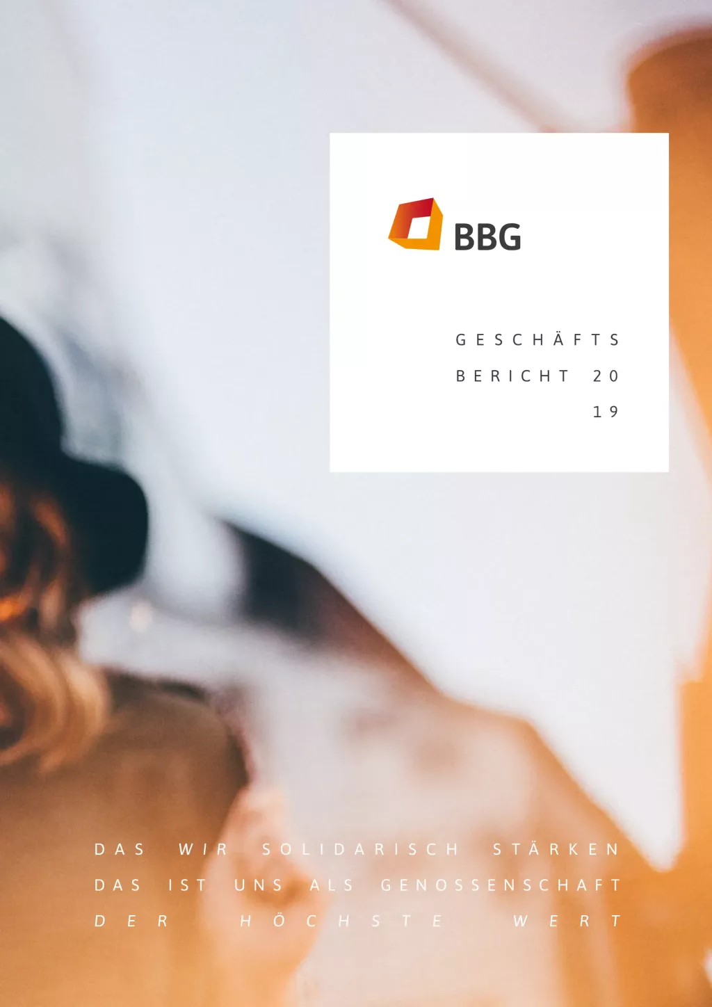 Umschlag des BBG-Jahresberichts 2019 mit Logo, unscharfem abstraktem Hintergrund und deutschem Text am unteren Rand.