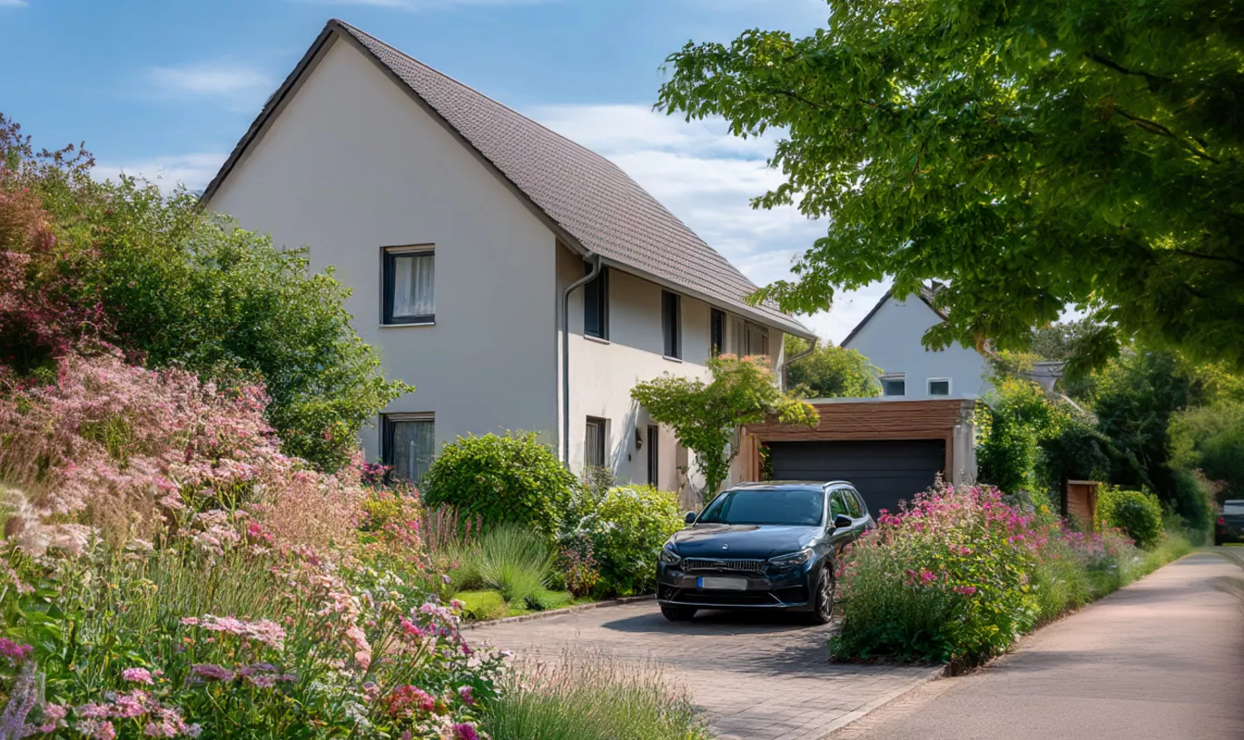 Ein schwarzes Auto parkt in der Einfahrt eines modernen Hauses, das an einem sonnigen Tag von bunten Blumen und Grünpflanzen umgeben ist.