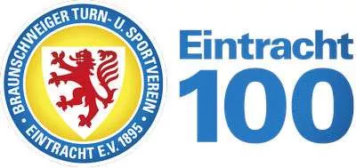 Kırmızı aslanlı Eintracht Braunschweig logosu ve sağ tarafta koyu mavi harflerle Eintracht 100 yazısı.