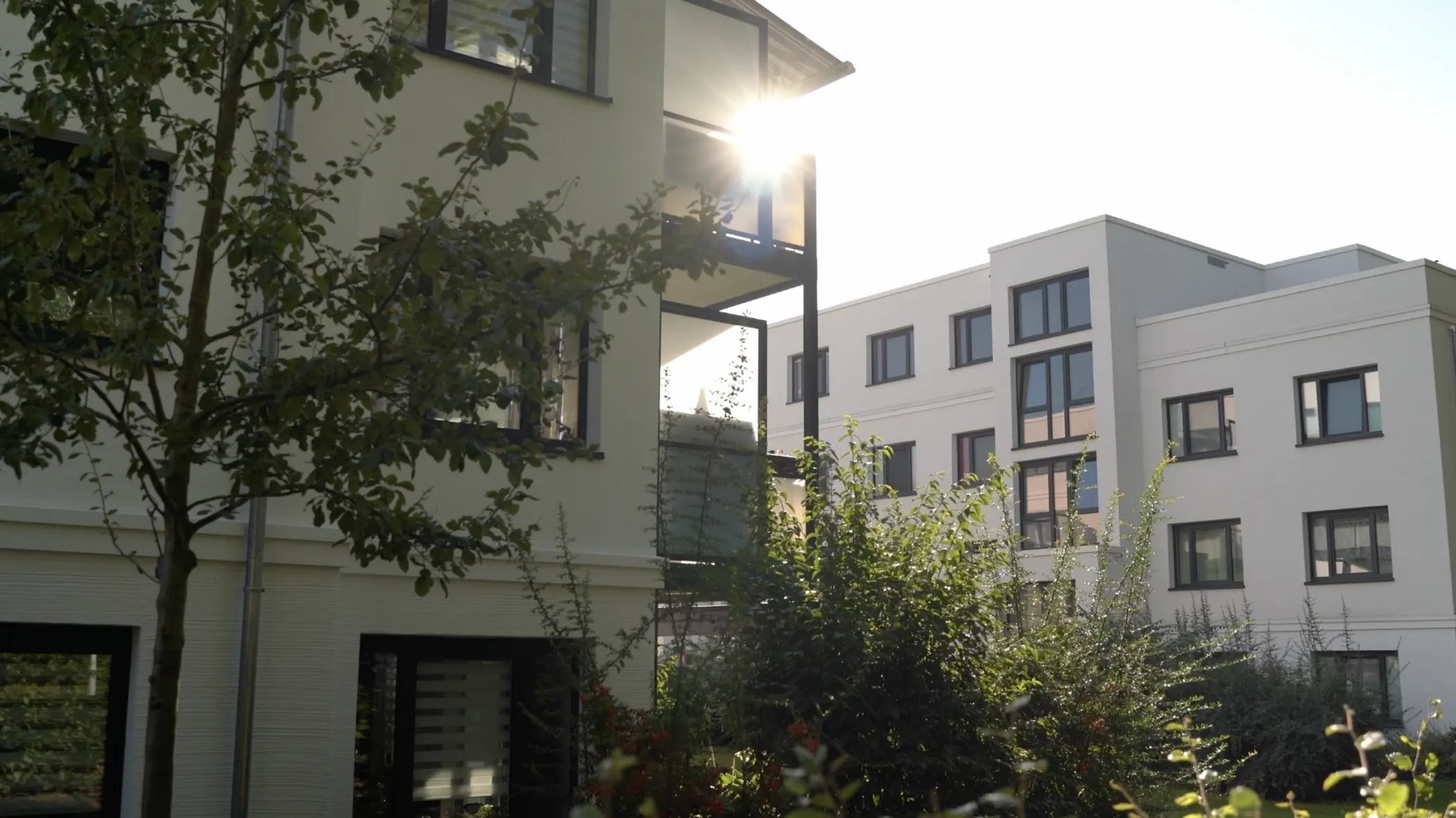 The sunlight shines through between modern residential buildings with large windows, surrounded by green trees and shrubs.