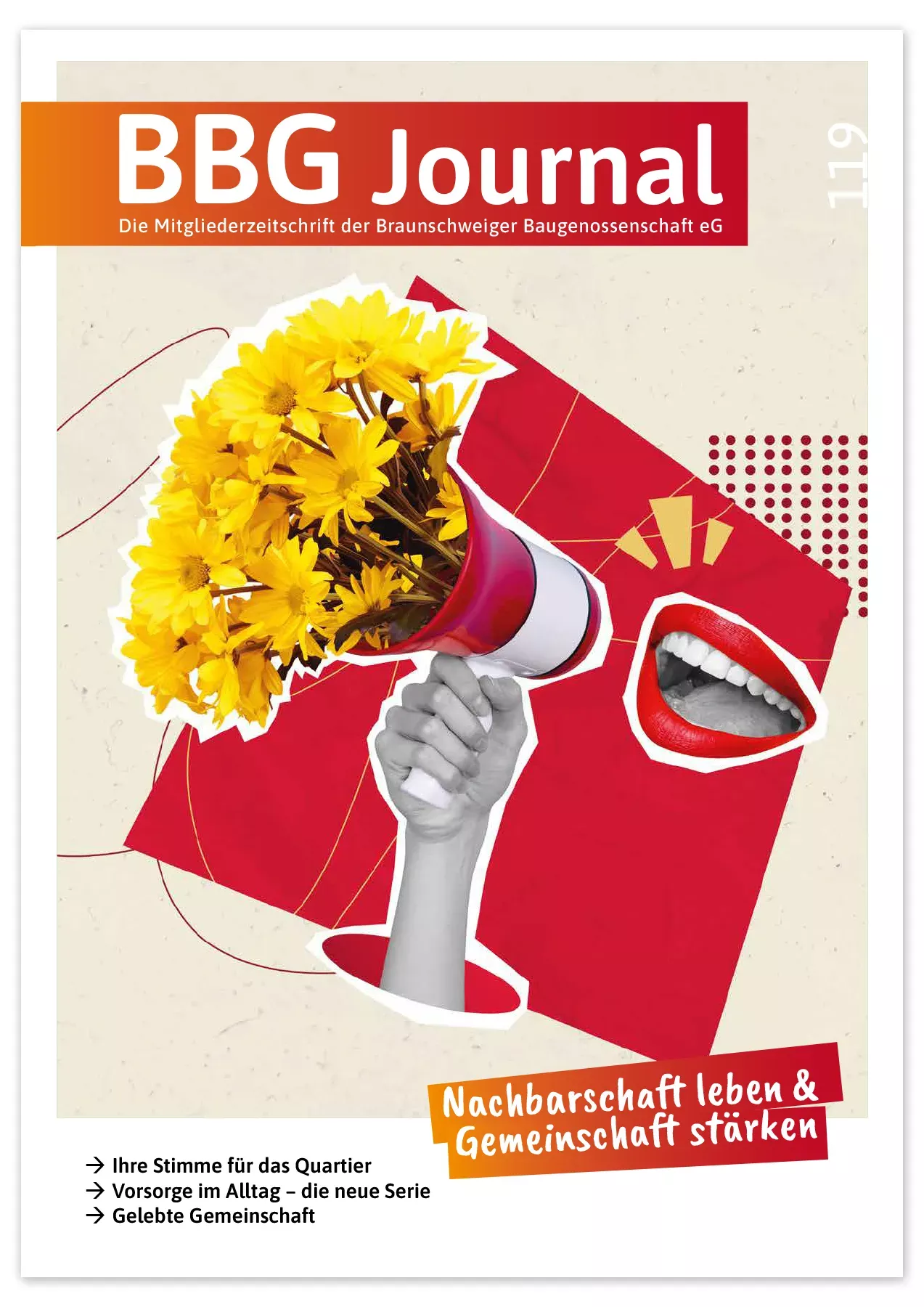 Eine Hand hält einen Lautsprecher mit gelben Blumen. Daneben ist ein lächelnder Mund zu sehen. Titelbild der Zeitschrift BBG in den Farben Rot, Gelb und Weiß.
