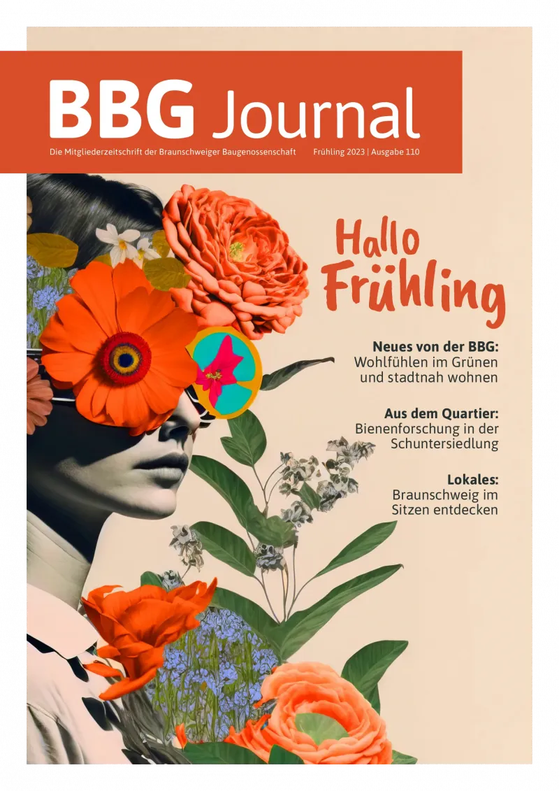 Titelbild der Zeitschrift BBG mit einem illustrierten Frauengesicht, Blumen und dem Text Hallo Frühling auf beigem Hintergrund.