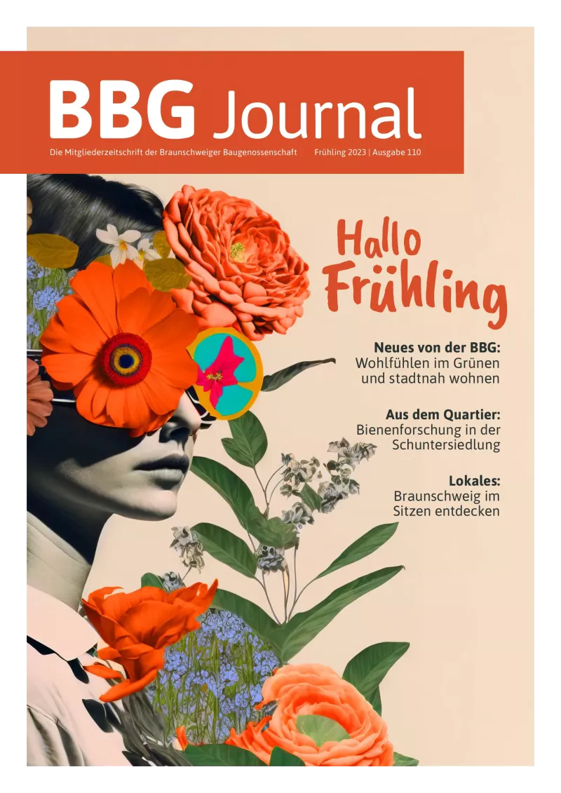 Titelbild der Zeitschrift BBG mit einem illustrierten Frauengesicht, Blumen und dem Text Hallo Frühling auf beigem Hintergrund.
