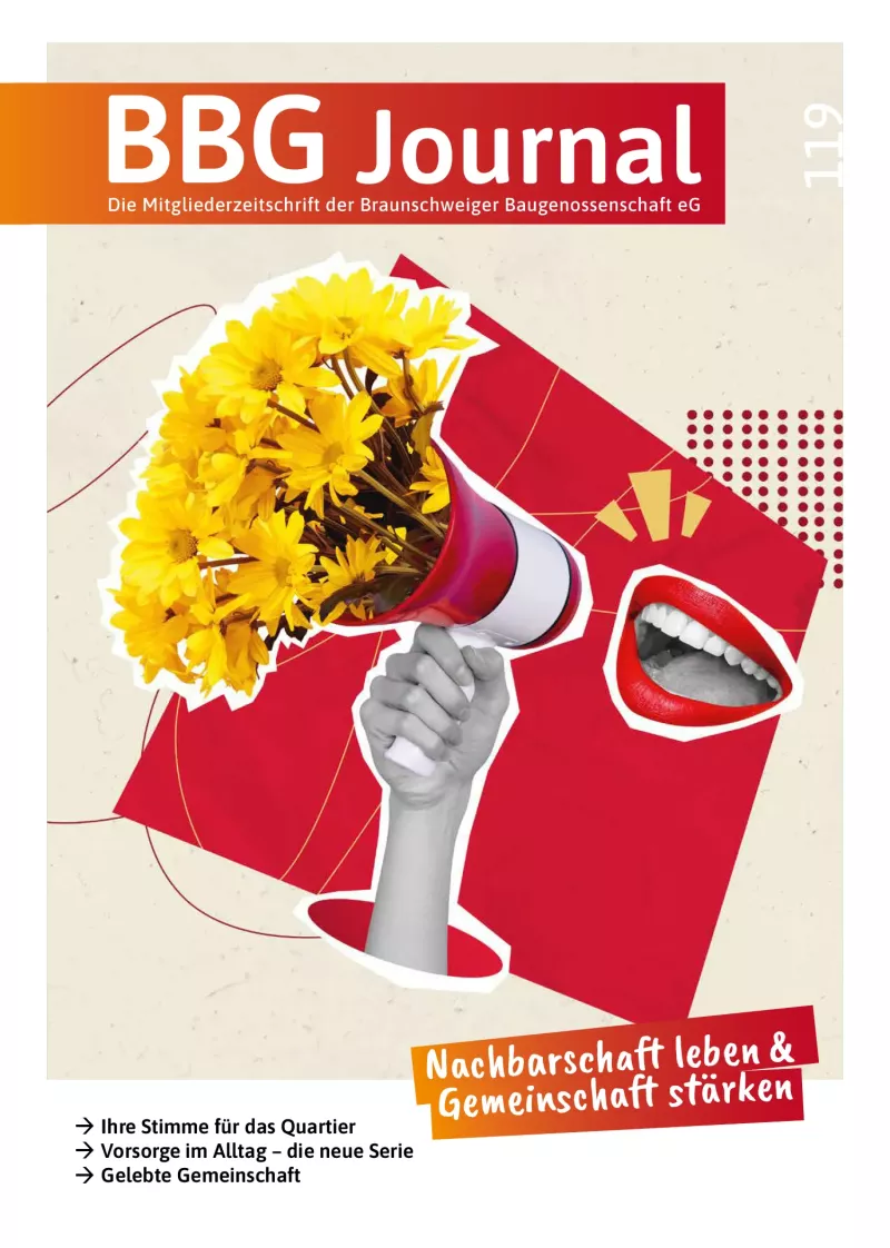 Eine Hand hält ein Megaphon mit gelben Blumen und einem offenen Mund in der Nähe; deutscher Text über Gemeinschaft und Nachbarschaft auf der Titelseite eines Magazins.