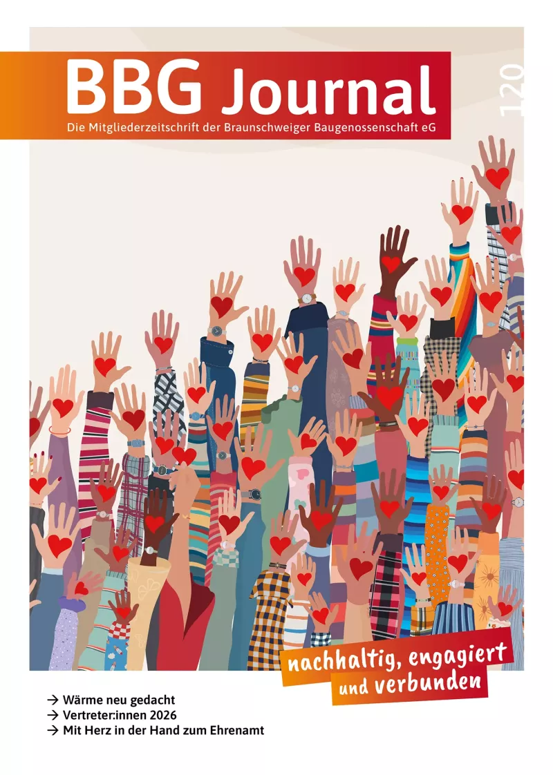 Eine Illustration verschiedener erhobener Hände, auf deren Handflächen jeweils ein Herz zu sehen ist, das für Zusammenhalt und ehrenamtliches Engagement steht. Auf dem Cover ist ein Text in deutscher Sprache zu sehen.